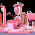 New Year Themed Decorative Scene With Time Imprint Hourglass Camera And Pink Pavilion