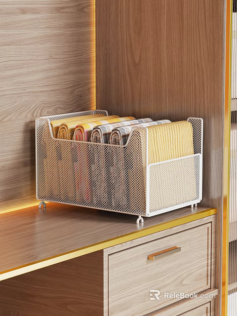 Wardrobe Interior With White Metal Mesh Storage Basket Holding Folded Fabrics On Wooden Countertop 3d model 