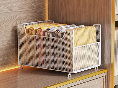 Wardrobe Interior With White Metal Mesh Storage Basket Holding Folded Fabrics On Wooden Countertop 3d model