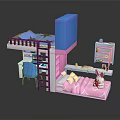 Kids Bedroom Furniture Set With Bunk Bed Pink Blue Design Desk Chair Bookshelf Rabbit Toy