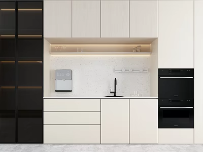 Modern Wine Cabinet Design In Kitchen With Glass Doors And LED Lighting 3d model