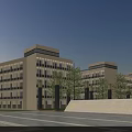 Modern School Building With Symmetrical Design Glass Facade Front Plaza And Spacious Trees