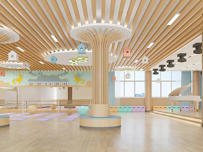 Kids Sports Fitness Indoor Activity Area With Wooden Structure Yoga Mats Colorful Balls And Bright Lighting 3d model