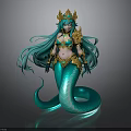Mythical Mermaid Character With Teal Long Hair Golden Crown And Turquoise Tail