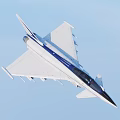 White and Blue Fighter Jet Flying with Landing Gear Down in Blue Sky with Clouds