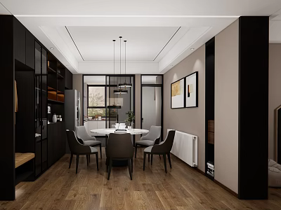 Modern Dining Room Interior With Round Table Chairs Hanging Chandeliers And Framed Paintings 3d model