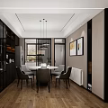 Modern Dining Room Interior With Round Table Chairs Hanging Chandeliers And Framed Paintings