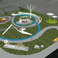 Park Landscape Including Children's Play Area Circular Pathways Trees White Umbrellas And Blue Water Features