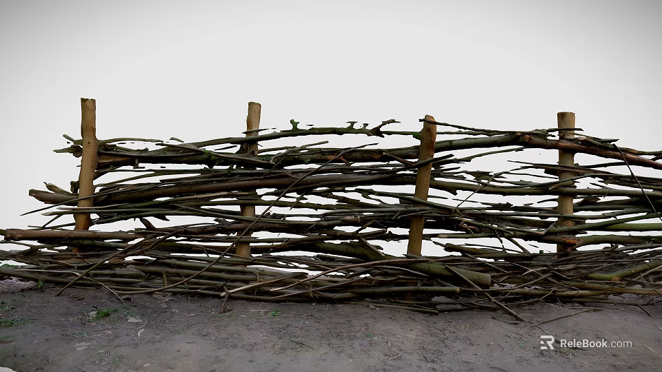 Rustic Handmade Twig Fence With Woven Branches And Wooden Support Posts 3d model 