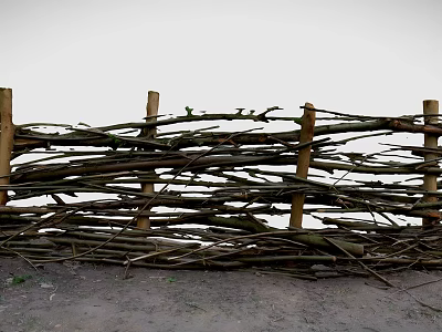 Rustic Handmade Twig Fence With Woven Branches And Wooden Support Posts 3d model