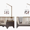 Wooden Baby Crib With Cloud Mobile And Soft Blanket In Natural Tone
