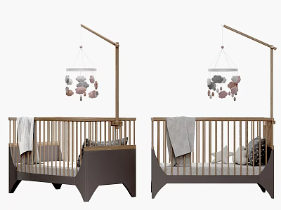 Wooden Baby Crib With Cloud Mobile And Soft Blanket In Natural Tone 3d model