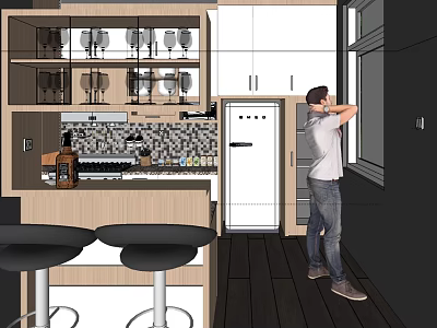 Modern Kitchen Interior With Cabinets Bar Counter Two Stools Glasses And Person By Window 3d model
