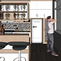 Modern Kitchen Interior With Cabinets Bar Counter Two Stools Glasses And Person By Window