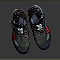 Black Sports Shoes With Red Soles Red Side Stripes White Laces Mesh And Textured Soles