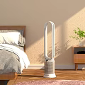 Modern Bedroom Air Conditioner Fan With Bladeless Design Wooden Floor Nightstand And Plant