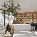 Modern Book Art Living Room Design Featuring Wooden Bookshelves Large Windows And Plants