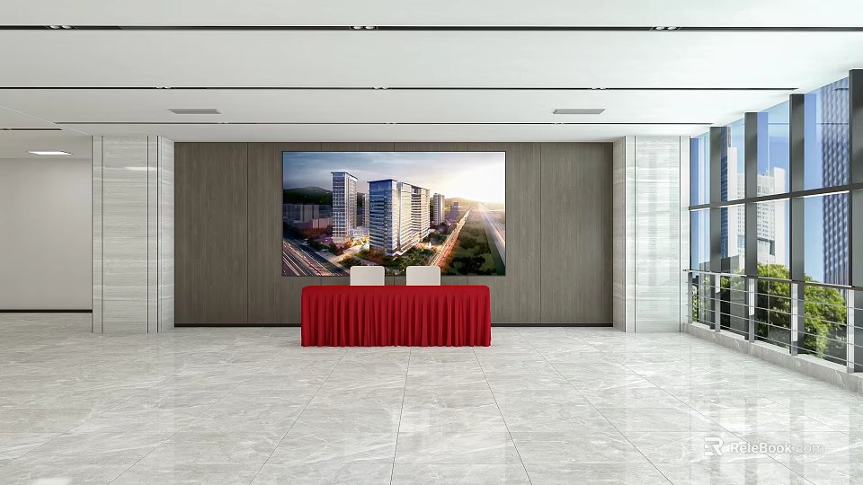 Modern Lounge Area With Large Screen Red Tablecloth And Marble Floor 3d model 