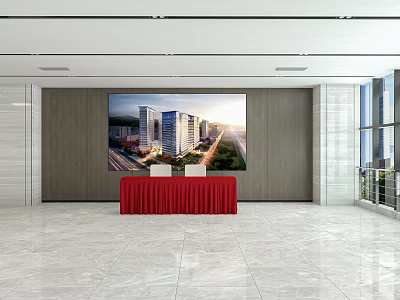 Modern Lounge Area With Large Screen Red Tablecloth And Marble Floor 3d model
