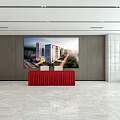 Modern Lounge Area With Large Screen Red Tablecloth And Marble Floor