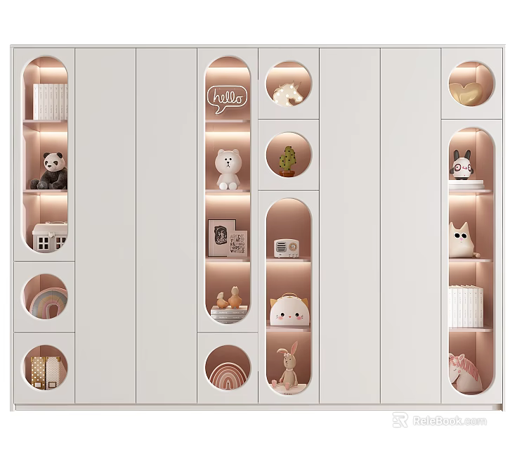 White Stylish Decorative Cabinet with Open Circular Shelves Stuffed Toys and Small Decor Items 3d model 