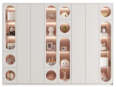 White Stylish Decorative Cabinet with Open Circular Shelves Stuffed Toys and Small Decor Items 3d model