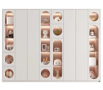 White Stylish Decorative Cabinet with Open Circular Shelves Stuffed Toys and Small Decor Items 3d model