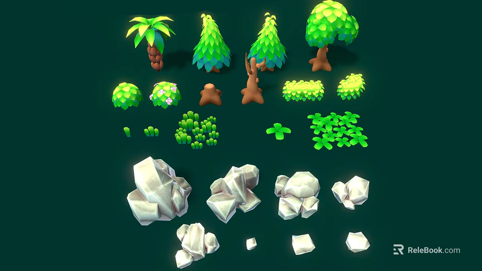 Wooden and Stone Elements with Various Trees Shrubs Rocks and Natural Shapes 3d model 