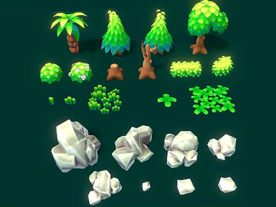 Wooden and Stone Elements with Various Trees Shrubs Rocks and Natural Shapes 3d model
