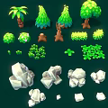 Wooden and Stone Elements with Various Trees Shrubs Rocks and Natural Shapes