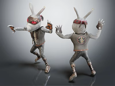 Dynamic Rabbit Like Creatures Wearing Red Goggles And Badge Outfits Dancing Together 3d model