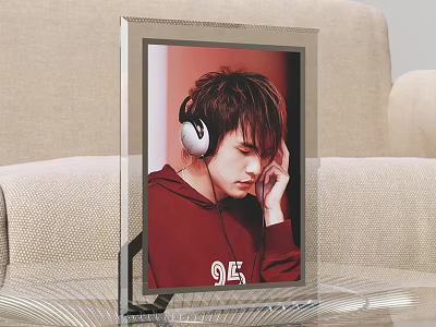 Stylish Photo Wall Decor With Silver Frame Portrait Of Person Wearing Headphones And Red Sweater 3d model