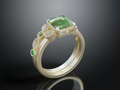 Gold ring adorned with square green gemstone and small white green surrounding decorative stones carved details 3d model