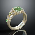 Gold ring adorned with square green gemstone and small white green surrounding decorative stones carved details