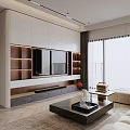Modern Living Dining Room Interior Design with Large Windows Sofa Pillows Coffee Table and Textured Wall