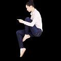 Woman In Pink Shirt And Blue Jeans Sitting Cross-Legged On Black Background With Ballet Shoes