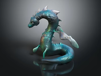 3D Mythical Dragon Sculpture With Teal Green Shiny Body Spiked Back And Detailed Wings 3d model