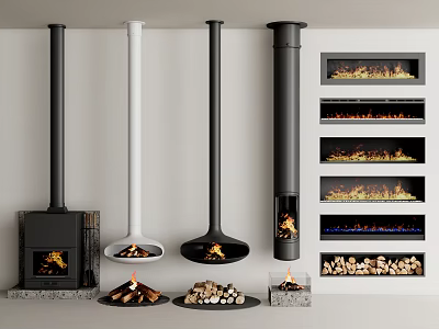 Different Styles of Fireplace Designs With Hanging Built in Models Burning Flames and Stacked Firewood 3d model