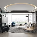 Modern Living Room Interior With Large Windows City View Sofa Coffee Table And Bookshelves