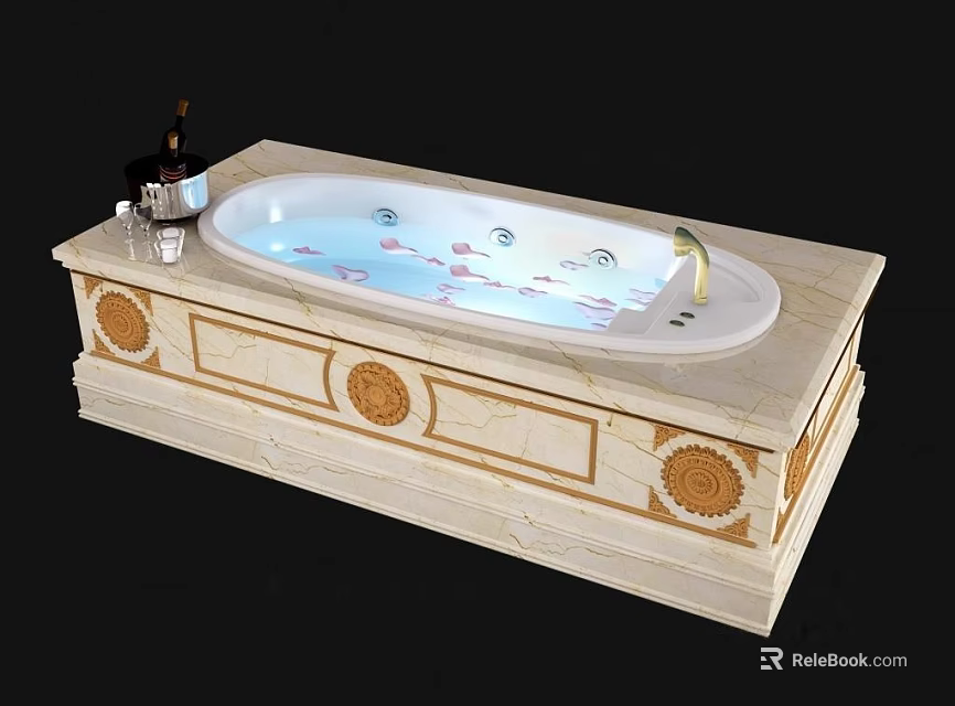 Luxurious Marble Base Bathtub With Jacuzzi Jets Petals And Wine Glass Decor 3d model 