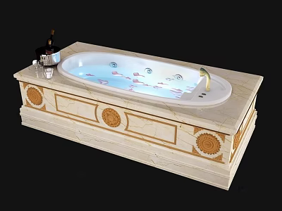 Luxurious Marble Base Bathtub With Jacuzzi Jets Petals And Wine Glass Decor 3d model
