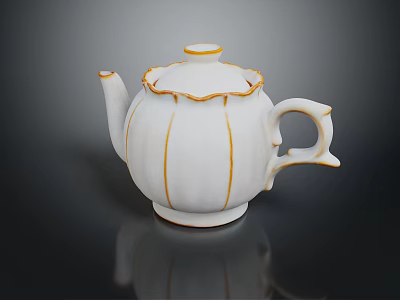 White Ceramic Teapot With Gold Trim Pumpkin Shape Scalloped Lid And Curved Handle 3d model