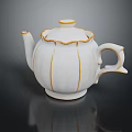 White Ceramic Teapot With Gold Trim Pumpkin Shape Scalloped Lid And Curved Handle
