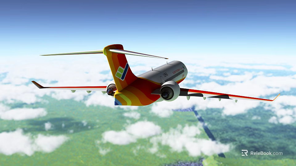 Colorful Tail Passenger Plane Flying Over Scenic Landscape With Blue Sky White Clouds 3d model 