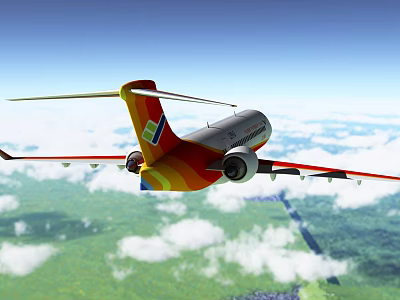 Colorful Tail Passenger Plane Flying Over Scenic Landscape With Blue Sky White Clouds 3d model