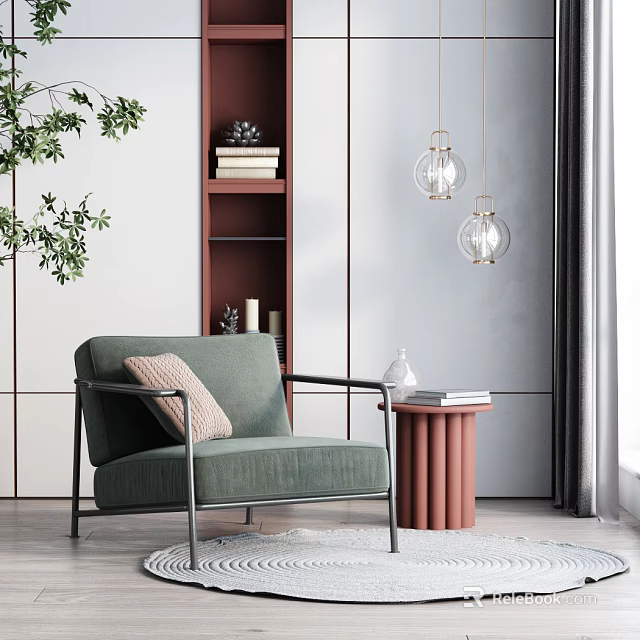 Green Armchair With Red Side Table Bookshelf Pendant Lights And Green Plant 3d model 
