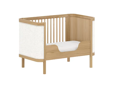 Wooden Baby Crib with Slatted Railings Light Wood Tone White Padded Sides and Simple Design 3d model