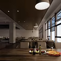 Modern Restaurant Interior Design With Wooden Ceiling White Pendant Lights Dining Tables And Food