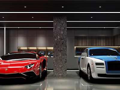 Modern Parking Garage Featuring Red Sports Car White Luxury Car And Marble Pillar 3d model