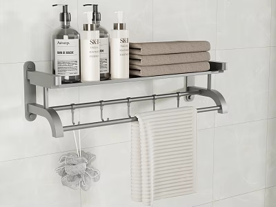 Bathroom Wall Mounted Shelf With Toiletries Stacked Towels And Hanging Loofah 3d model
